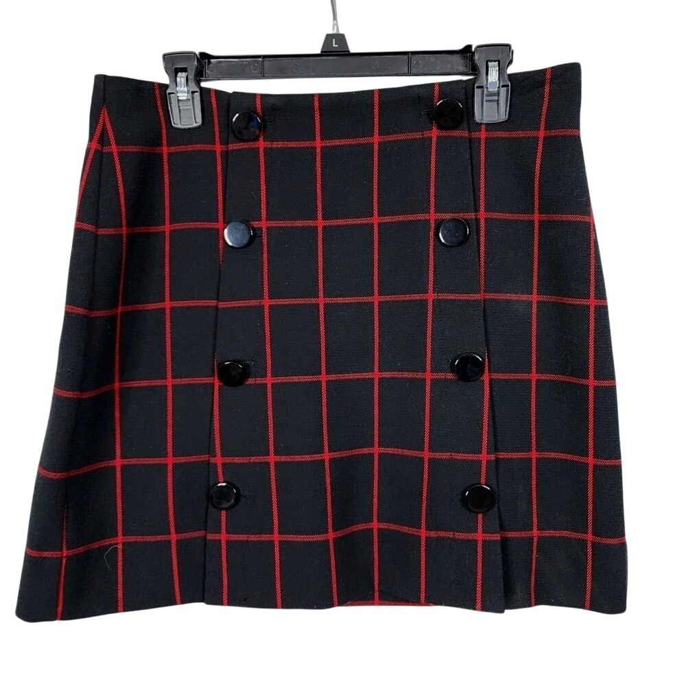 Ann Taylor LOFT Size 10P Black Red Plaid Modern Button Accent Preppy Skirt Kilt